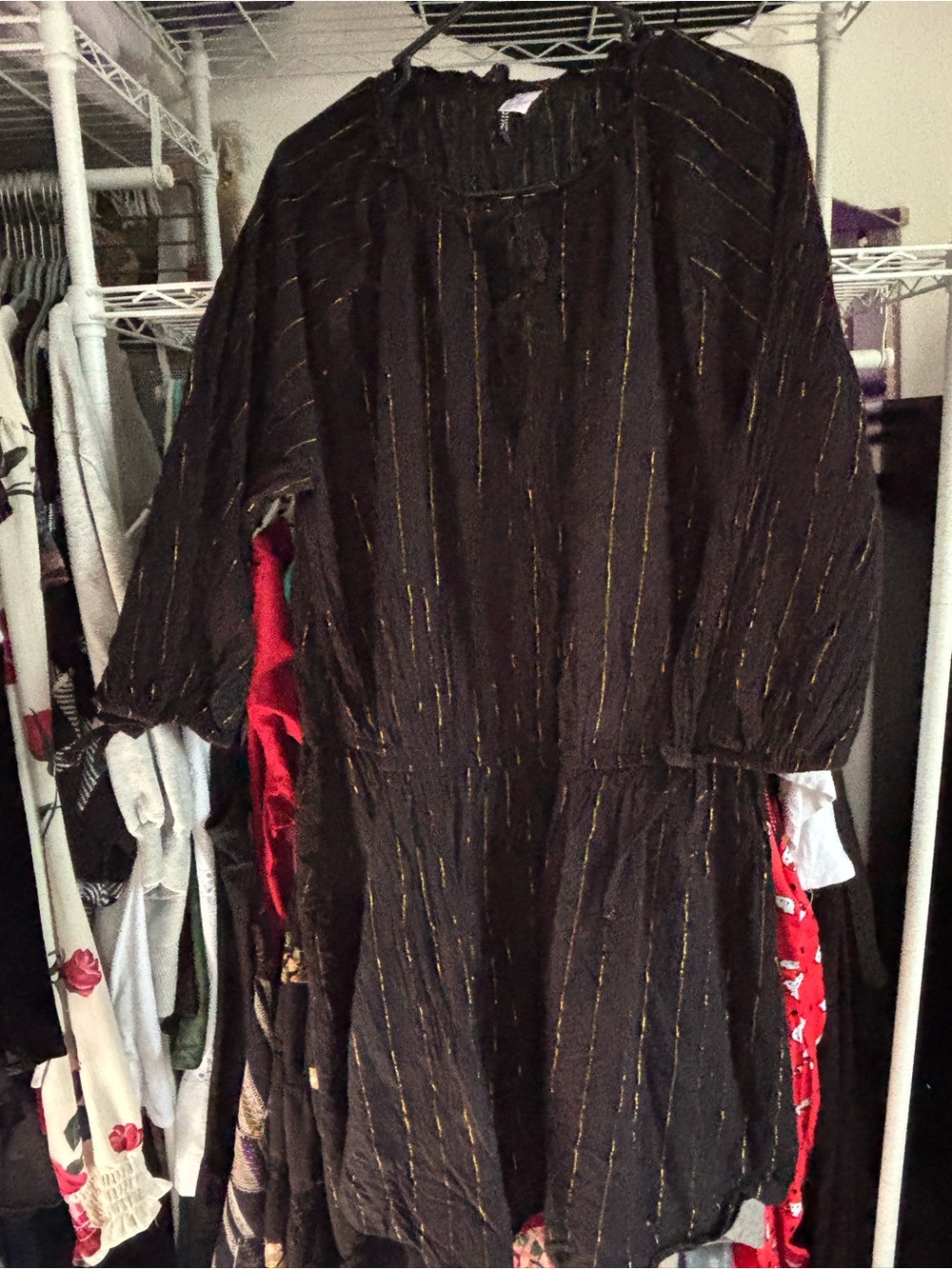Divided Black Mini Dress with Gold Pinstripes